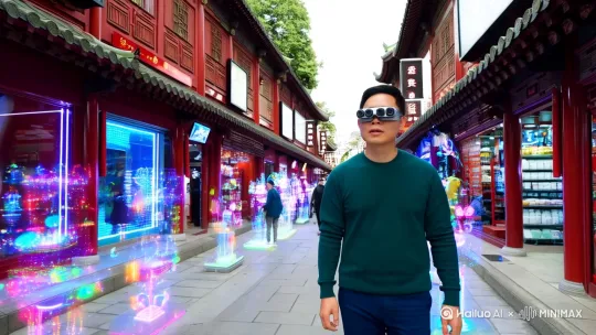 一个带着ar眼镜的亚洲男人站在一条中式商业街道上，街道两侧的商铺飞出各式各样的AR全息效果的商品，科技风格 by Hailuo AI Video Generator