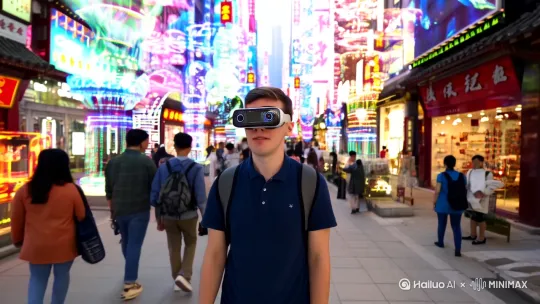 一个戴着轻薄AR眼镜的青年男旅客站在一条中式商业街道上，街道两侧的商铺飞出各式各样的AR全息效果的商品，科技风格 by Hailuo AI Video Generator