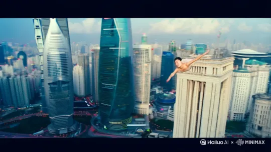 快速高空跟踪镜头移动，无人机视角,一个超现实的高速梦境序列,一个美女转身向前飞行，轻松地在外滩建筑间穿梭滑行，身体完全伸展，双臂向两侧伸，双腿略微分开，头部向前，捕捉平滑水平飞行的感觉。衣服随风摇摆，相机跟随美女背面位置的俯视角度紧后方移动，保持对俯卧姿势的持续视角，随着角色迅速穿越场景。环境动态的快速变化，四周是建筑和云层，运动模糊和光迹增强了速度感和流畅性快速移动 by Hailuo AI Video Generator