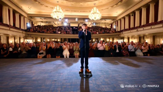 生成一个帅气的男生在大厅中间的舞台唱歌[推进,上升]，两边的观众在为他鼓掌[左摇,变焦推进] by Hailuo AI Video Generator