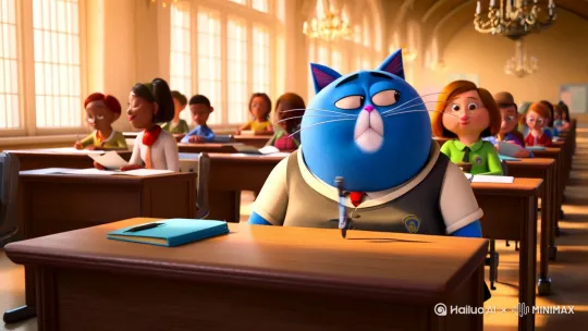 在大学课堂上，一只胖蓝猫人正在无精打采的听课，手里还一直在转笔 by Hailuo AI Video Generator