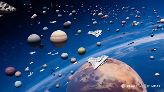 外遥远的星际空间，周围可简单很多各种各样星球，同时可见到很多宇宙飞船在星际间穿梭，还见到巨大的星际舰队，上面有大量的小型飞船进入或者飞出舰队的母舰。体现一派未来繁忙的星际航行交往的景象。 by Hailuo AI Video Generator
