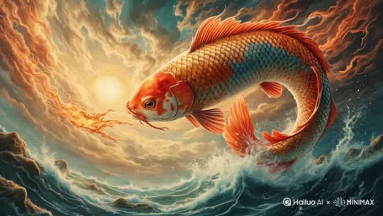 黄河鲤鱼跃过禹凿龙门，天火正在烧尾化龙，神话传说场景，艺术绘画风格，特写镜头，奇幻氛围，精美细腻 by Hailuo AI Video Generator