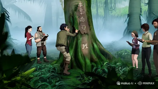 漫画风格, 高清8K, 原始丛林浓雾场景, 勘探队（5人）围古树研究符号, 树皮裂缝渗黑液强化诡异感 by Hailuo AI Video Generator