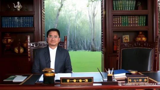 西服革履的坐在一间高大尚的中式办公室里，后面是一排摆满各种书籍和古玩的书厨墙。柔和的暖色光线，大落地窗外是草坪，草坪边缘是高大的原始森林。 by Hailuo AI Video Generator