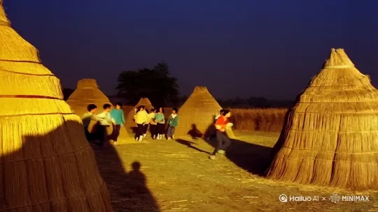 八十年代的中国农村，夏天的晚上，一群少年在有稻草堆的场地上嬉戏打闹 by Hailuo AI Video Generator