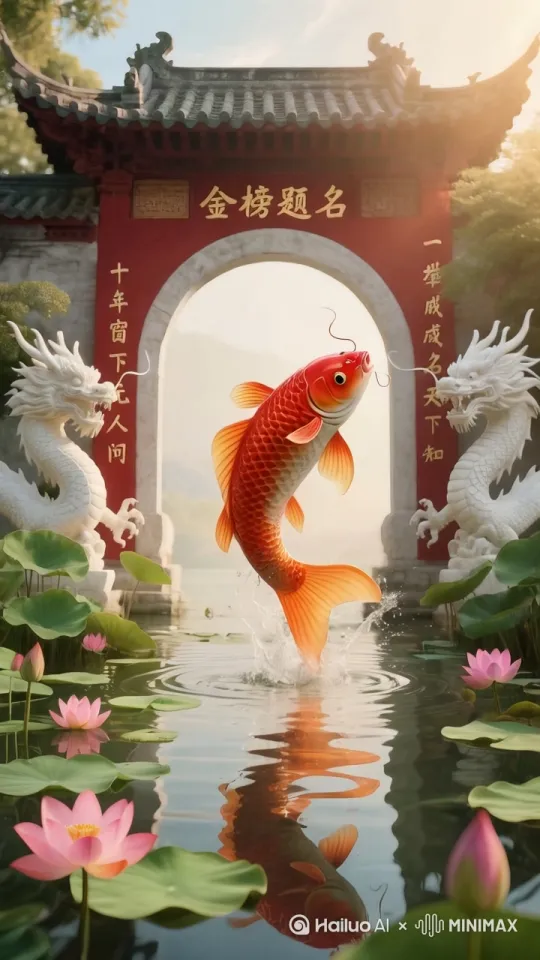 鲤鱼尾巴猛然用力，身体迅速飞向前方房顶，一阵彩光环绕，鲤鱼消失在房顶上面 by Hailuo AI Video Generator
