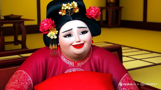 绘图提示词（超现实主义+唐代风格）
 
主体描述：
 
- 胖嘟嘟的唐代女子，杏仁眼+双眼皮，细长柳叶眉，鼻梁小巧，饱满唇涂鲜红口脂，嘴角微扬带浅笑
​
- 乌黑倭堕髻，插洛阳红牡丹头饰+金色花卉发簪（带坠饰）+金质花钿，红色耳坠
​
- 正红色汉服（袖口/裙摆绣花纹），内衬同色，趴在古风塌边，抱红色抱枕，眼眶含泪带委屈表情
 
场景与氛围：
 
- 古风室内场景，榻榻米、木质家具，暖黄色调+柔和光影
​
- 超现实主义质感：皮肤细腻有光泽，布料纹理清晰，发饰金属反光自然，比例9：16 by Hailuo AI Video Generator
