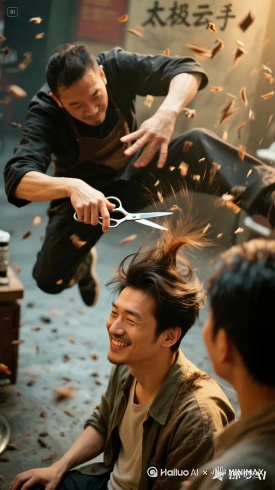 让让图片给我动起来。镜头移动。动作丝滑，理发师空翻，镜头跳舞，旋转，跳跃电影之感 by Hailuo AI Video Generator