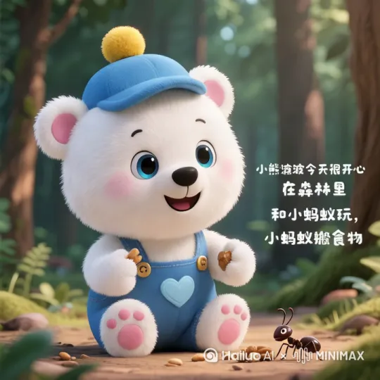 主体描述: 一只通体雪白、毛发细腻柔软的小熊波波玩偶，脑袋上戴着蓝色小帽，身着蓝色背带裤，双手抓着东西，肉垫粉嫩，憨态可掬，正开心地笑着。
动作描述: 小熊波波站在森林的草地上，两只脚微微分开，双手抬起挥了挥，看向一旁忙碌的小蚂蚁们。
场景与环境描述: 阳光透过树叶洒在森林的草地上，周围树木郁郁葱葱，小蚂蚁们在草地上排着队搬运食物。
运镜方式: 镜头从上方微微倾斜拍摄小熊波波的全身，再拉近到小熊波波的脸部特写，展示它开心的笑容。
氛围与情感描述: 氛围温馨愉快，阳光和森林的环境营造出轻松的感觉，小熊波波的笑容传递出喜悦和纯真。
风格描述: 采用写实风格，注重小熊波波和小蚂蚁的细节，色调温暖明亮。 by Hailuo AI Video Generator