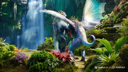 在一个漂亮的环境中，两个生物在打斗 by Hailuo AI Video Generator