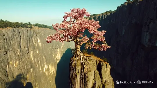 峭壁之上，桃树傲然挺立，累累仙桃似盏盏明灯。于绝境中扎根，在石缝间抽枝，以坚韧之姿孕育甜美的果实。这是生命的奇迹，在看似不可能的地方，绽放出属于自己的绚烂。 by Hailuo AI Video Generator