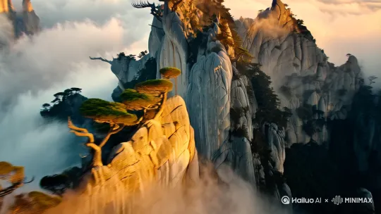 文案:
航拍镜头掠过秦岭之巅，华山的磅礴气势扑面而来。峭壁之上，奇松破石而生，虬枝如龙，在风中傲立千年;翻涌的云海如白色浪潮，时而淹没群峰，时而散作轻纱，将山脊勾勒成悬浮的岛屿。怪石嶙峋处，巨岩似刀劈斧凿-仙掌岩凌空探出，苍龙岭脊背如刃，在光影交错中更显苍劲。俯冲穿云时，松涛声与风声交织，镜头掠过裸露的岩壁纹理，每一道褶皱都是时光的刻痕。云开雾散刹那，万丈金光倾泻，华山终露出全貌:险、奇、绝，天地间最桀骜的山水狂想。 by Hailuo AI Video Generator