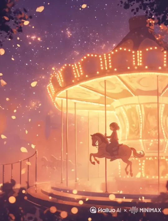 夜色中，一座老式旋转木马静静转动，橘黄色灯光在星空下闪烁。一个孩子独自坐在木马上，缓缓旋转，仿佛陷入了回忆。空中飘落着树叶与光点，背景是梦幻的银河星海。整个画面温暖、宁静、略带童话感与成长的孤独气息。 by Hailuo AI Video Generator