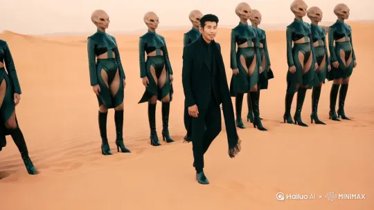 男人是时尚界出名的模特，他身材纤细，身高一米九，穿着时尚的西装，脖子上挂着长长的黑围巾，英姿飒爽地走在沙漠中，身边站着一排排三米高外星人女模特，男人迈着优雅又妖娆的模特步伐朝着镜头走来，镜头运镜下降拉镜头，电影质感 by Hailuo AI Video Generator