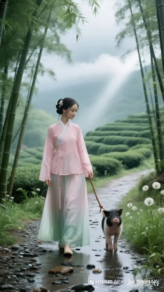 一段超速POV镜头:摄像机疾驰穿越田野竹林之上，女人牵着小猪一起跳跃飞到空中，以超音速向左飞翔，他们手牵着手身体向前倾，风吹动他们的头发和衣服，镜头动态跟随。 by Hailuo AI Video Generator