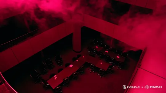俯拍镜头：会议室烟雾→热成像式艾灸红光扩散 by Hailuo AI Video Generator