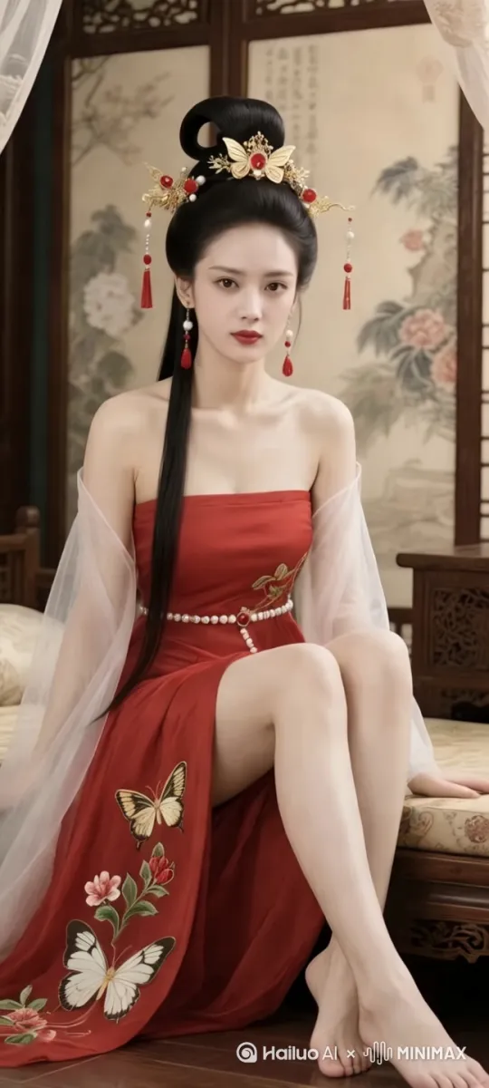 美女看着镜头作单眼眨眼的诱惑的表情，镜头正面对着人物微距离向前缓缓推进，镜头从小腿处开始，以仰视的角度缓缓向上推进，穿过她的腿部、腰部，胸部，直到特写她那充满诱惑力的面容停留0.7秒。接着，镜头横向平移，展示了她优雅的身姿和精致的服饰。最后，镜头缓缓拉远，展示全景。近至特写远至全景的镜头运用，强化了视觉层次与叙事节奏。动态连贯动态符合逻辑无变形，符合自然规律一镜到底，背景，真实自然，专业级摄影作品，专业级电影光效。大师级作品。 by Hailuo AI Video Generator