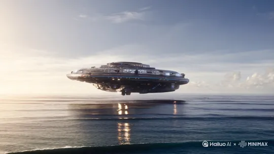 比地球先进二十亿年的外星宇宙飞船到访地球。海洋成为落脚点在海面上悬浮，从飞行器走出的生物从来没有见过，想都想不到的生命体出现在海面上想飞就飞随心所欲太惊艳了，很有科技既视感，大片感 by Hailuo AI Video Generator