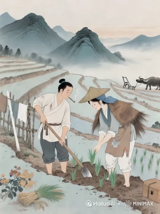 男人抽着烟在铲地，女人在裁秧，远处的牛在叫唤[拉远] by Hailuo AI Video Generator