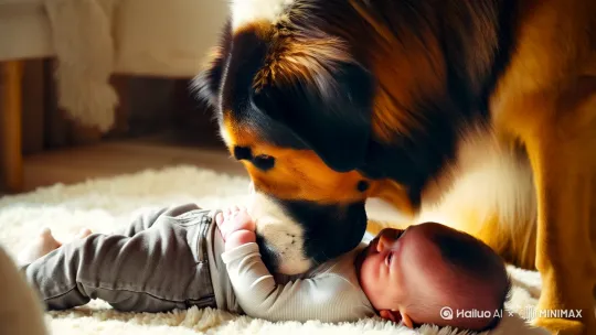 一只黑黄白相间毛色的大狗狗在一个温馨的房间里照顾一个人类幼崽 by Hailuo AI Video Generator