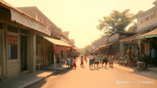 在 80 年代的小镇街头，阳光洒下，带着一种慵懒又温暖的气息。街道两旁是充满年代感的老式店铺，招牌微微褪色却透着质朴。画面中，一群孩子穿着宽松的旧衣，在街边嬉笑玩耍，他们跳皮筋、踢毽子，笑声清脆悦耳。远处，几位老人坐在树荫下的长椅上，摇着蒲扇，轻声交谈，脸上洋溢着平和的笑容。偶尔有自行车清脆的铃声响起，打破片刻的宁静。整个画面色调柔和，充满复古氛围，让人仿佛回到那个简单纯粹、邻里情深的 80 年代，感受那份治愈人心的温暖。 by Hailuo AI Video Generator