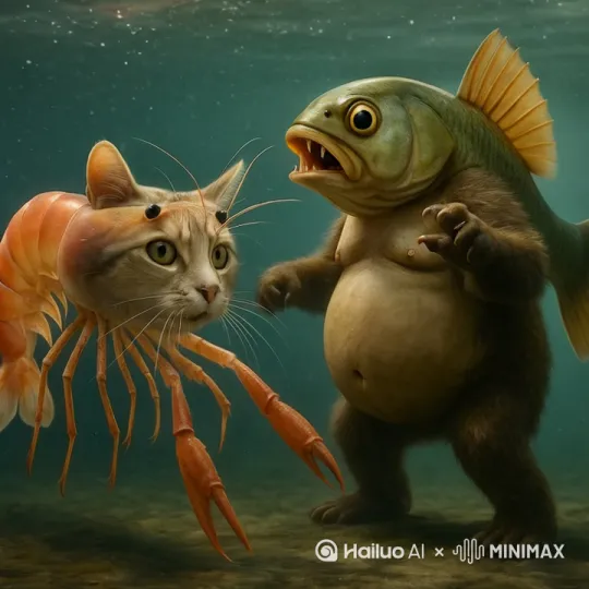 打架，鱼把虾猫打倒 by Hailuo AI Video Generator