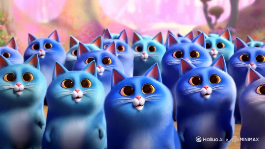 一大群可爱的蓝色胖猫在你眼前对你眨巴着大眼睛 by Hailuo AI Video Generator