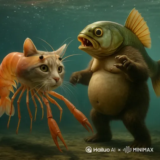 打架，鱼把虾猫打倒，虾奋力反抗，把魚打倒。 by Hailuo AI Video Generator