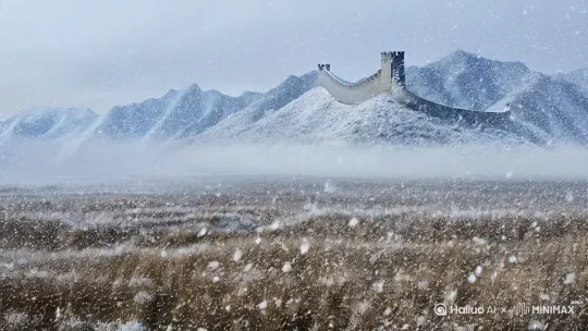 请生成一段展现北方大草原大雪飘飞场景的视频。画面中，鹅毛大雪如柳絮般纷纷扬扬地洒落在茫茫的大草原上，整个原野大地慢慢变白。远处朦胧的山影蜿蜒曲折。镜头从远处缓缓拉近，山影拉进来，山上万里长城如一条银蛇，镜头聚焦到长城画面。 by Hailuo AI Video Generator
