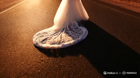 一个身穿婚纱的女孩独自一人走在荒漠中间的一条柏油公路的中间，开始是一个婚纱拖尾的特写，镜头慢慢展现女孩身穿婚纱大鱼尾拖的全身背影，时间是下午黄昏时刻[推进,上升][右移,左摇,跟随] by Hailuo AI Video Generator