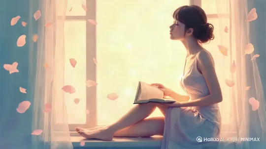 [左移,推进,右摇]女孩轻轻翻着书页，仿佛进入了某种深度领悟 ，周围一切都如梦如幻 by Hailuo AI Video Generator
