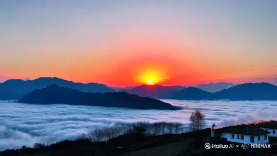 远景	一轮红日缓缓升起，朝霞满天，山峦起伏，云海翻腾，画面下方是古朴的村落，炊烟袅袅。		8s	山村野外 by Hailuo AI Video Generator