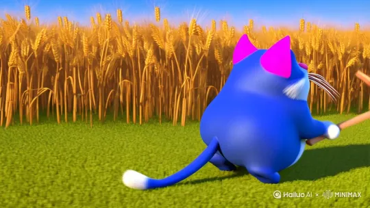 3D动画风格，画面主体是一只蓝色的胖猫，耳朵内侧为粉色，有着白色的胡须和粉色的鼻子。“胖猫拿着镰刀在田里走来走去用镰刀割麦” by Hailuo AI Video Generator