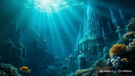 鱼儿游动的海底世界，画面慢慢对焦到海王波塞冬身上[下降,上摇] by Hailuo AI Video Generator