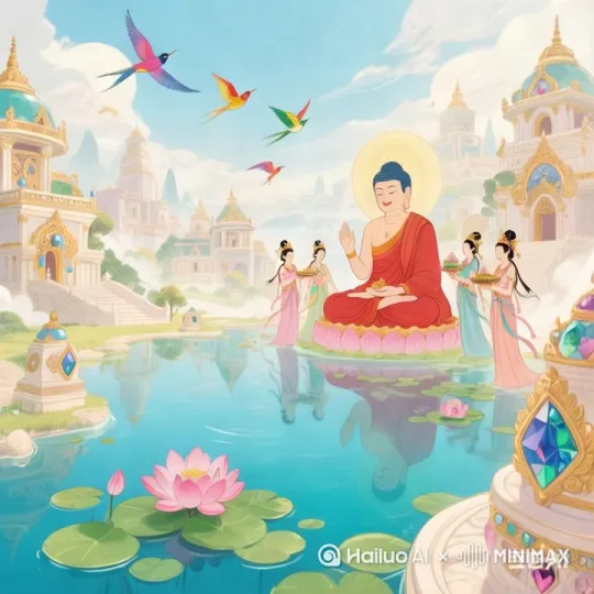 /imagine prompt: **Cinematic wide shot of the blissful Western Pure Land.** Gentle **dolly forward movement** focuses on **Amitabha Buddha, luminous ruby-red skin, radiating a warm, all-embracing smile (subtle motion: slight head tilt conveying infinite compassion), seated on a giant jeweled lotus throne, golden halo pulsing softly.** Below, a **slow-motion reveal** of a **crystal-clear turquoise lotus pond: countless lotuses dynamically blooming (petals unf by Hailuo AI Video Generator