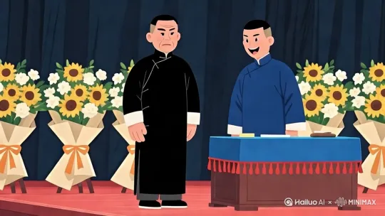 右侧的人物在说话，左侧的人物一会儿开心一会儿难过，会有一些细微的小动 by Hailuo AI Video Generator