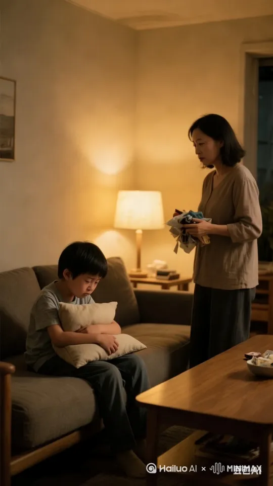 帮我生成视频:孩童坐那在闹情绪。妈妈在收拾茶几。看着孩童说话 by Hailuo AI Video Generator