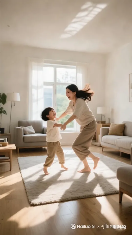 帮我生成视频:宝贝听了妈妈的话。相视而笑。欢快的相拥蹦跳起来。 by Hailuo AI Video Generator