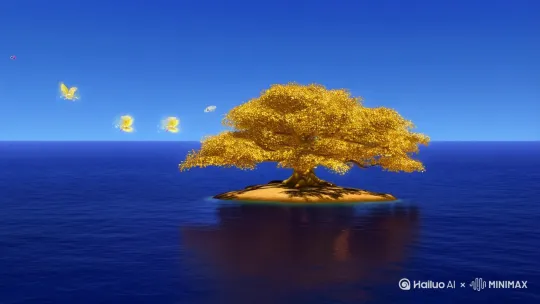 在一望无际的大海中有一个小岛，小岛上有一个摇钱树，有几个精灵环绕着树飞舞 by Hailuo AI Video Generator