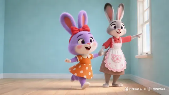 右边兔妈妈说：去吧，安安，不过，你要小心凶狠的大灰狼，还要当心狡猾的狐狸！”
左边小兔子说：“”妈妈，我想去外面玩一会儿！”眼神一直看着妈妈 by Hailuo AI Video Generator