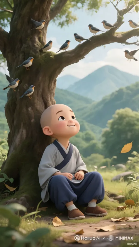 镜号 景别 视角 运镜 画面内容 台词 时长 动作提示 音乐/音效 绘图风格 转场
1 特写 正面 固定 深秋清晨，霜雾中的寺院廊柱下，小沙尼踮脚擦拭佛像，僧袍袖口满是金粉，肉肉的手指握鹿皮抹布，金色粉尘飞扬。 无 2s 踮脚、抹布旋转擦拭、指尖沾金粉 抹布摩擦声，风铃轻响 中国古风3D卡通，皮克斯风格，服装纹理细腻，卡通渲染带水墨质感 叠化
2 中景 侧面 推 庭院银杏树下，三位师兄持工具打扫，小沙尼抱高扫帚扫叶，形成金色漩涡，突被银杏果绊倒，扫帚飞出。 师兄甲：“小心树根！” 小沙尼：“哎哟！” 2s 抱扫帚踉跄、被果壳绊倒、扫帚抛物线飞出 扫帚碰撞声，枯叶沙沙声 中国古风3D卡通，皮克斯风格，服装纹理细腻，卡通渲染带水墨质感 叠化
3 全景 俯拍 平移 藏经阁台阶前，小沙尼和师兄们列成一排传递竹筐，小沙尼屈膝装松果并按大小排列，僧袍膝盖沾泥，镜头随筐展示松果塔。 师兄乙：“松果要晒干才能做佛珠。” 小沙尼：“我摆的这个像宝塔！” 2s 屈膝装松果、按大小排列、手指轻敲松果 竹筐摩擦声，松果滚落声 中国古风3D卡通，皮克斯风格，服装纹理细腻，卡通渲染带水墨质感 叠化
4 近景 背面 拉 禅房窗台边，小沙尼画梅花，僧袍袖子用木夹夹住，笔尖颤抖，墨滴晕开，师父在背后握他的手完成最后一笔。 师父：“运笔要像呼吸般自然。” 小沙尼：“师父的手好暖。” 2s 悬笔颤抖、墨滴晕染、被握住手完成画作 毛笔蘸墨声，宣纸摩擦声 中国古风3D卡通，皮克斯风格，服装纹理细腻，卡通渲染带水墨质感 叠化
5 中景 正面 固定 小沙尼在花园中给花朵浇水，他提着小水桶，水从桶里晃出，脸上洋溢着笑容。 无 1s
以这张图为首帧图，生成一个多机位拍摄的视频，要求有5个连贯的分镜头，脚本结构为景别，视角，运镜，画图内容，镜头切换为叠化专场，语言干练不超过300字，人物风格统一 ，服装风格统一，生成10秒视频 by Hailuo AI Video Generator