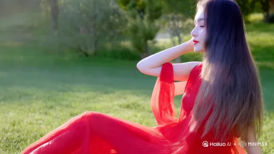 穿着若隐若现的红纱衣，坐在草地上，轻轻的撩一下头发，摄影师镜头，全身镜头细节，大片。正面照，阳光从身后照过来，突显曼妙身材 by Hailuo AI Video Generator