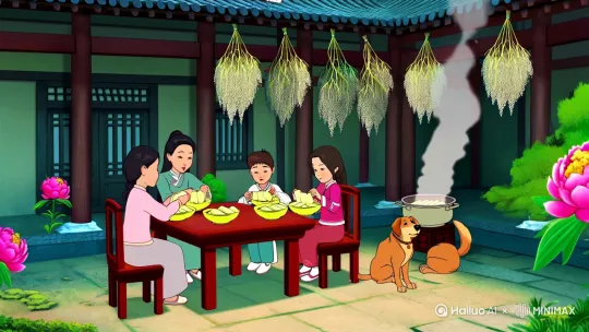 中锦中景俯拍在一个中式风格的四合院里，院子里摆着方桌父母带着一个男孩一个女孩坐在桌子的周围正在吃粽子男孩女孩的碗里各摆了一个已经扒好了皮的粽子父母正在给孩子拔另外的粽子这个房檐下挂着艾草。旁边的锅里正在热气腾腾的煮的粽子炊烟袅袅。桌子旁边蹲着一只狗正在晃着尾巴望着桌子。房顶上有一只白猫正蹲在房顶上。院子里的牡丹花正在盛开。32k的超高清化。超详细的细节选择。研制。大师级摄影作。 by Hailuo AI Video Generator