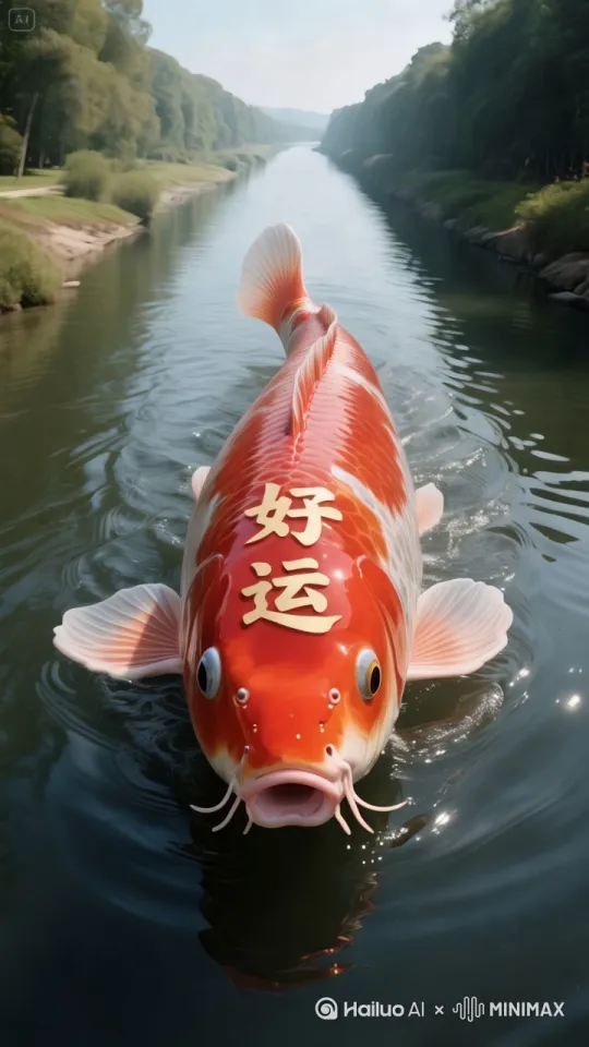 固定镜头，锦鲤鱼从河的远处慢慢游到镜头下，嘴巴一张一合吐着许多金币，游的时候水哗哗的响动，画面真实高清 by Hailuo AI Video Generator