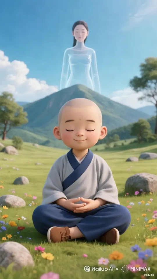远处透明的人物慢慢的消失，云彩在移动[右移,跟随]，小花随风飘动，树叶在动[右摇,变焦推进]，有叠化转场动作 by Hailuo AI Video Generator