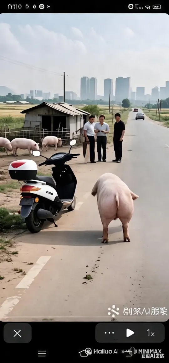 让猪轻松骑上电动车，猛加油门，又快又稳跑向远方，周围人惊奇不已，远处车子匀速运动，运镜无人机航拍视角跟进，俯视看，猪车技特别熟练 by Hailuo AI Video Generator