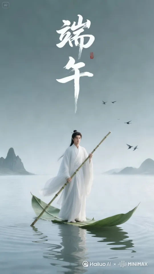 少年划动竹篙，清风拂面[推出,上升,下摇] by Hailuo AI Video Generator
