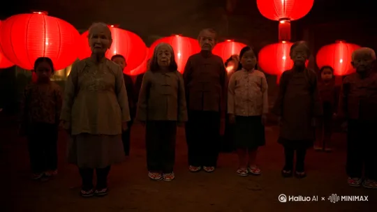 中式怪谈，红灯笼，老人儿童，穿着绣花鞋，一直看着，不走不动，我，第一人称视角，缓缓扫过 by Hailuo AI Video Generator