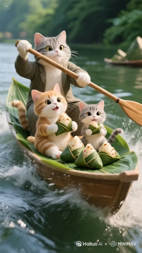 三只猫咪坐在粽叶的船上，猫咪爸爸双手划着船浆，猫咪好妈和猫咪孩子吃着粽子，小船飞快向前行驶，船两边 可见浪花，画面真实，电影质感 by Hailuo AI Video Generator